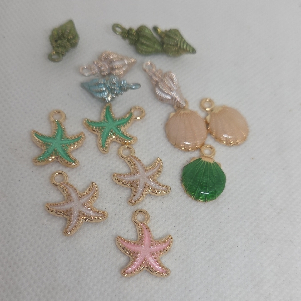 Gold and Green Starfish and Seashell Charms Set. 13 Charms.
